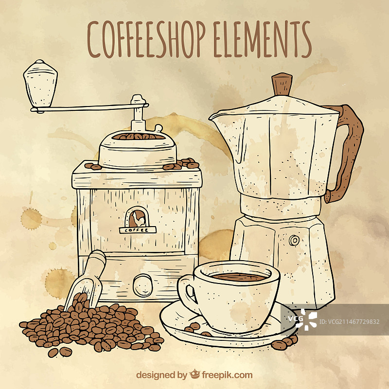 咖啡机和磨豆机水彩背景图片素材