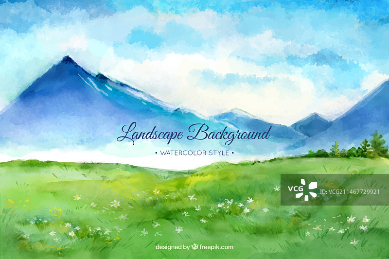 水彩山地草甸风景背景图片素材