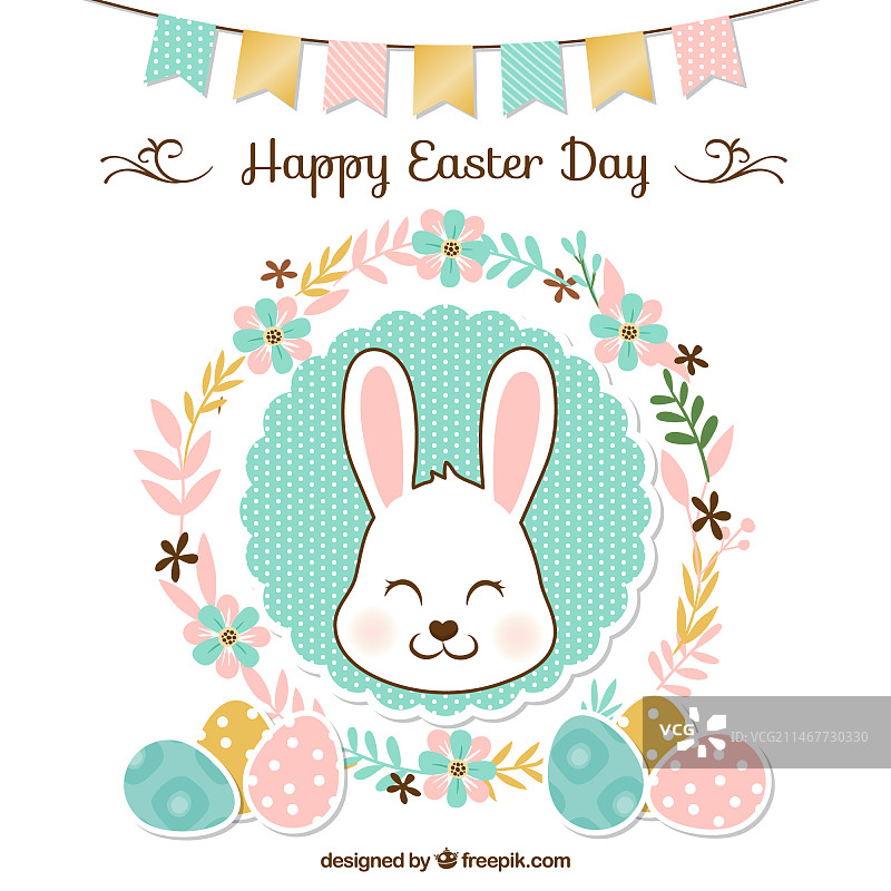 带有花环和可爱兔子的复活节花卉背景图片素材