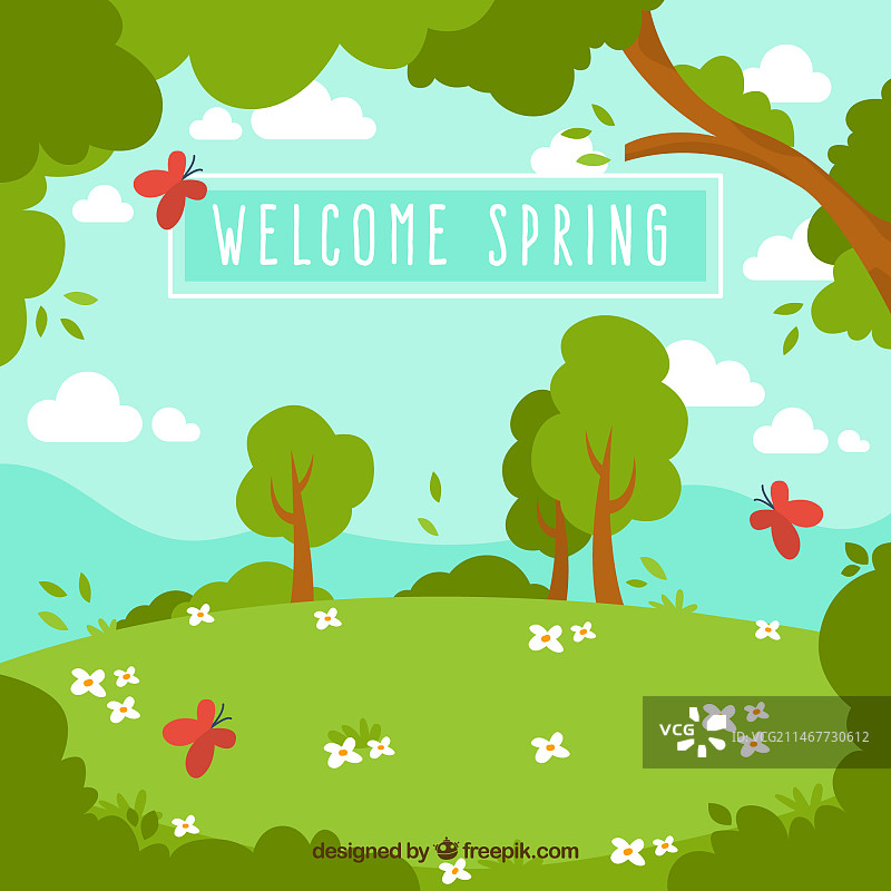 树木蝴蝶春季风景背景图片素材