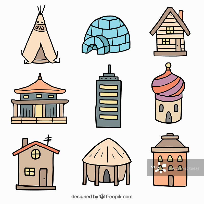世界各地的不同手绘房屋图片素材