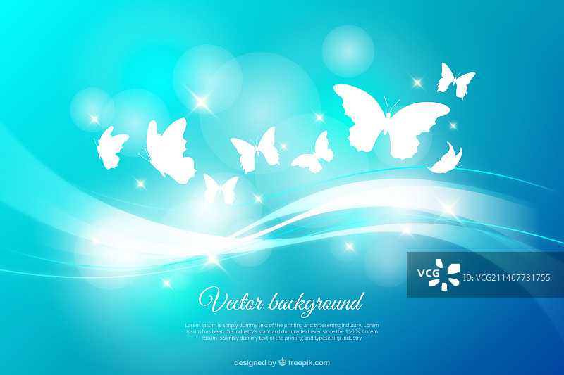 蓝色背景，闪亮蝴蝶与波浪线条图片素材