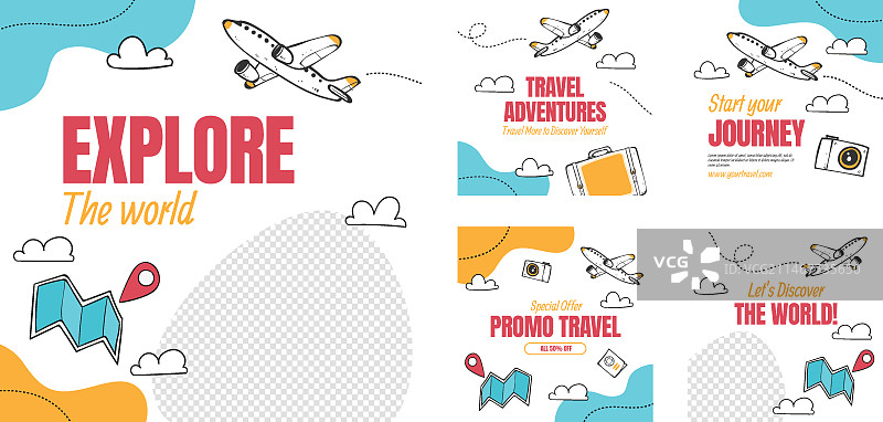 带有飞机的手绘旅行社Instagram帖子图片素材