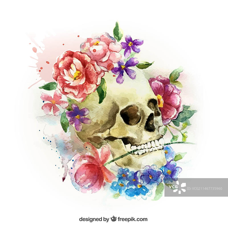 鲜花骷髅水彩背景图片素材