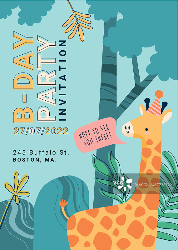 手绘扁平风丛林生日派对邀请函图片素材