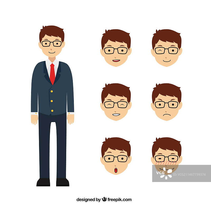 具有六种不同面部表情的优秀商人图片素材