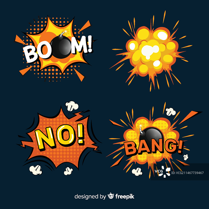 卡通炸弹和炸弹爆炸效果套装图片素材