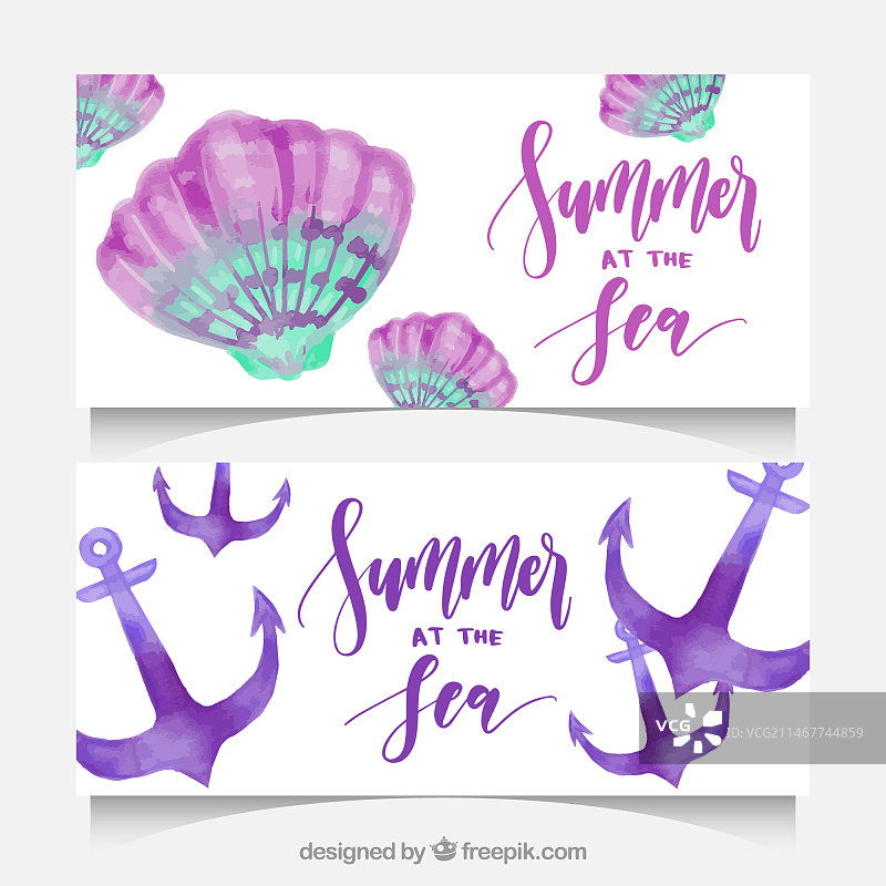 带有水彩风格贝壳和锚的夏季banner图片素材