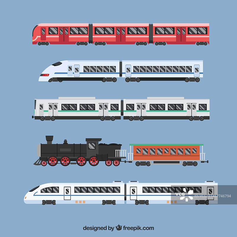 扁平风格的现代和复古火车合集图片素材