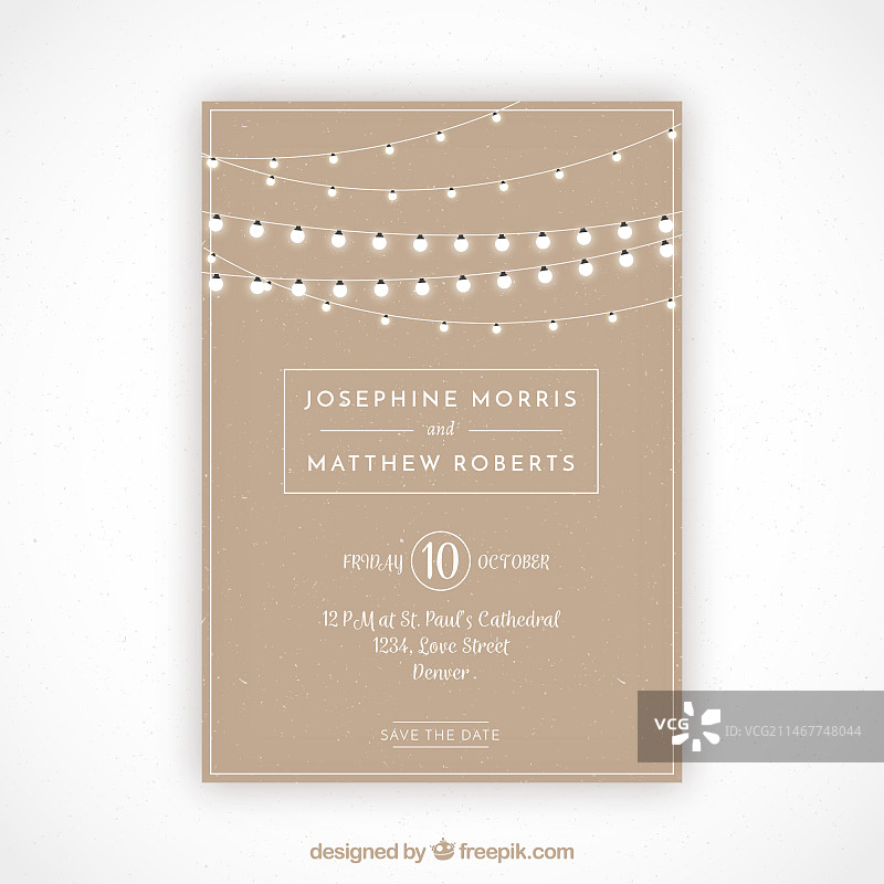 带有装饰灯泡的盛大婚礼邀请函图片素材