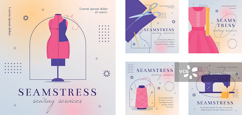 扁平风格裁缝Instagram帖子合集图片素材