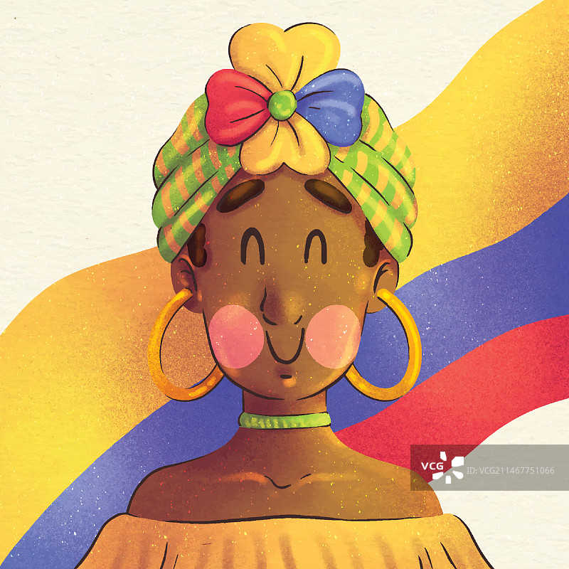 水彩 Afrocolombianidad 女人与哥伦比亚国旗插画图片素材