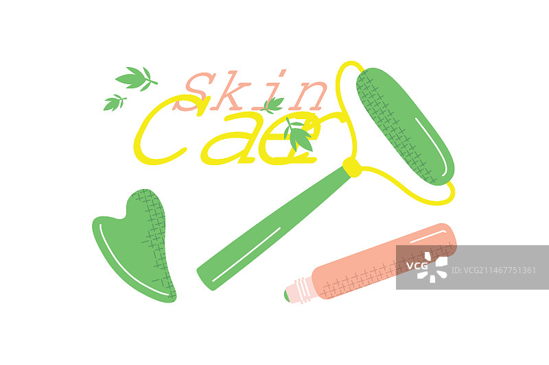 手绘玉石滚轮和刮痧板插画图片素材