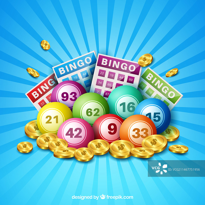 带硬币的蓝色宾果球背景图片素材