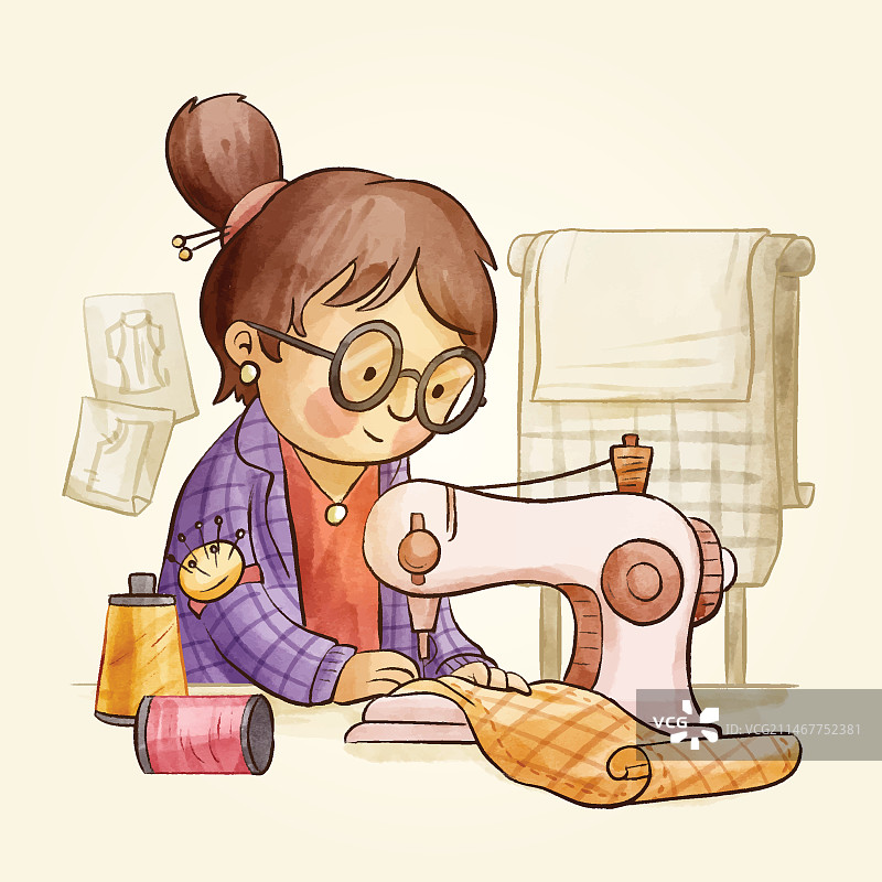 水彩缝纫女商人插画图片素材
