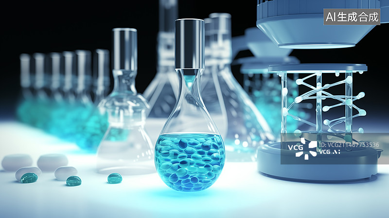 【AI数字艺术】实验室玻璃器皿中化学物质的特写镜头图片素材