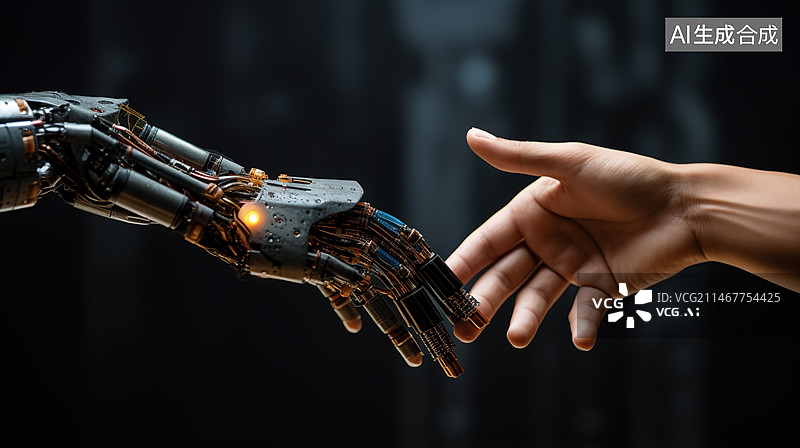 【AI数字艺术】机器人和人沟通交流握手图片素材