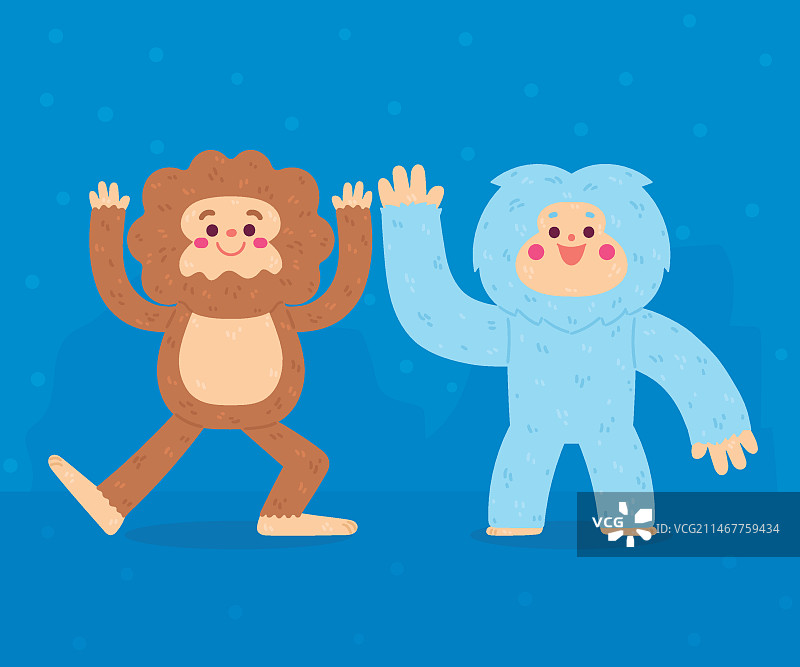 手绘大脚怪和雪人插画图片素材