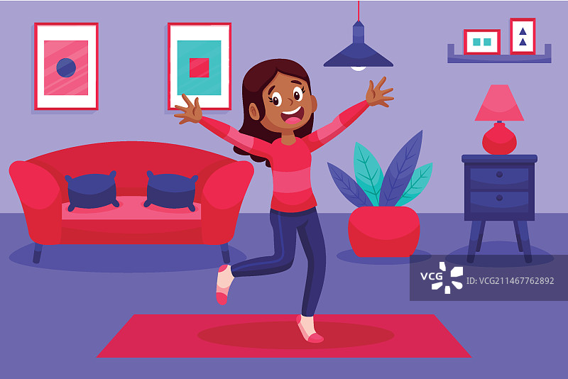 卡通人物居家健身舞蹈插画图片素材