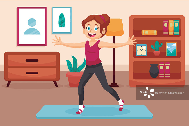 卡通人物居家健身舞蹈插画图片素材