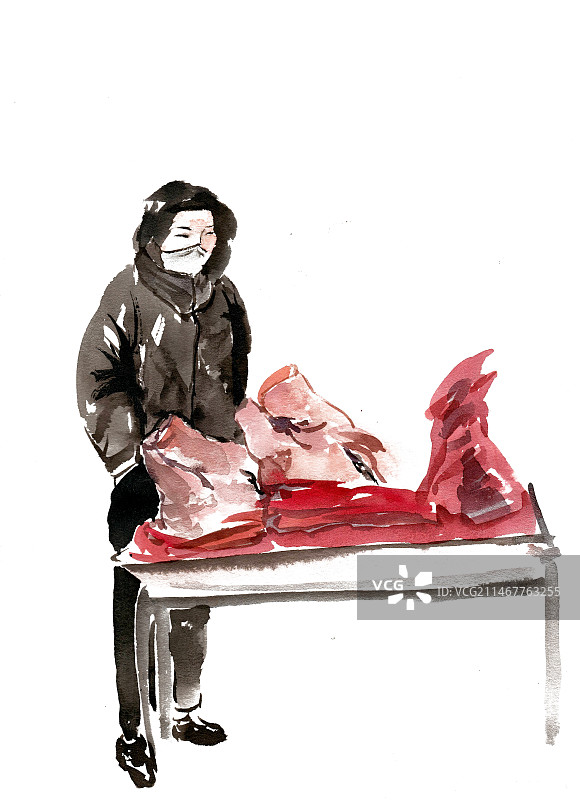 卖生猪头的男子图片素材