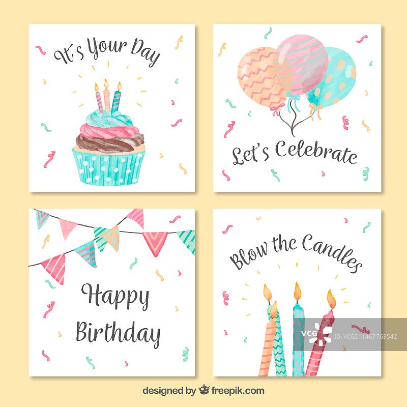 复古水彩生日贺卡套装图片素材
