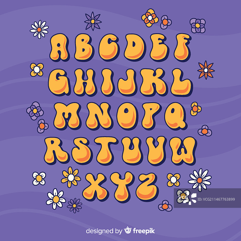 扁平风格的60年代花卉字母图片素材