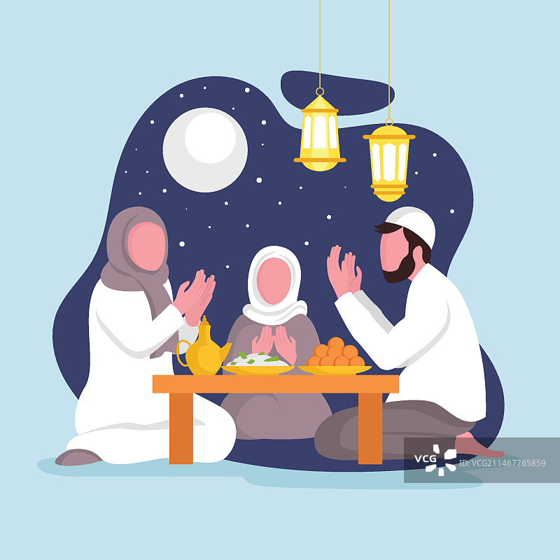 扁平风格的开斋饭人物插画图片素材