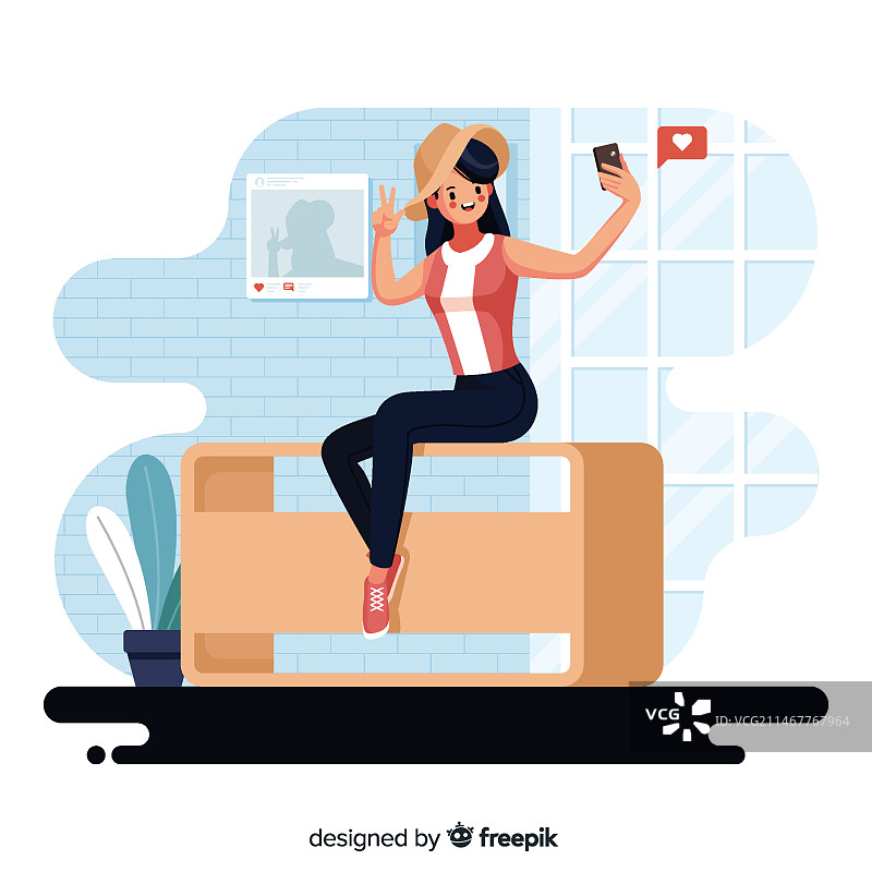 扁平风格的女人在室内自拍图片素材