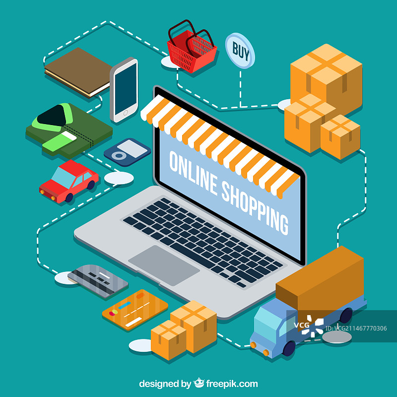 2.5D笔记本电脑背景和在线购物图片素材