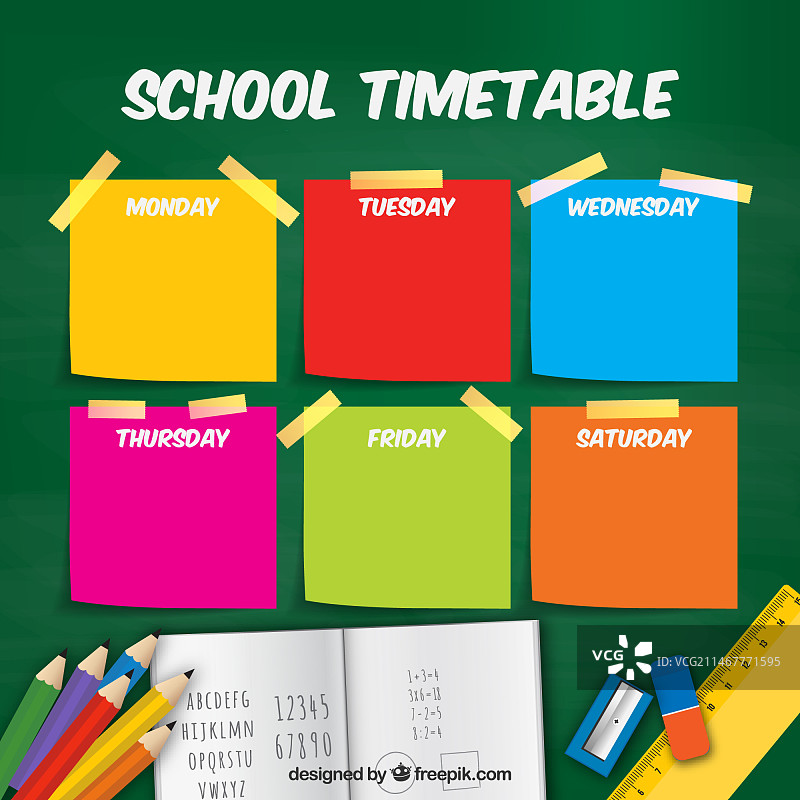 带有彩色便签和材料的每周计划表图片素材