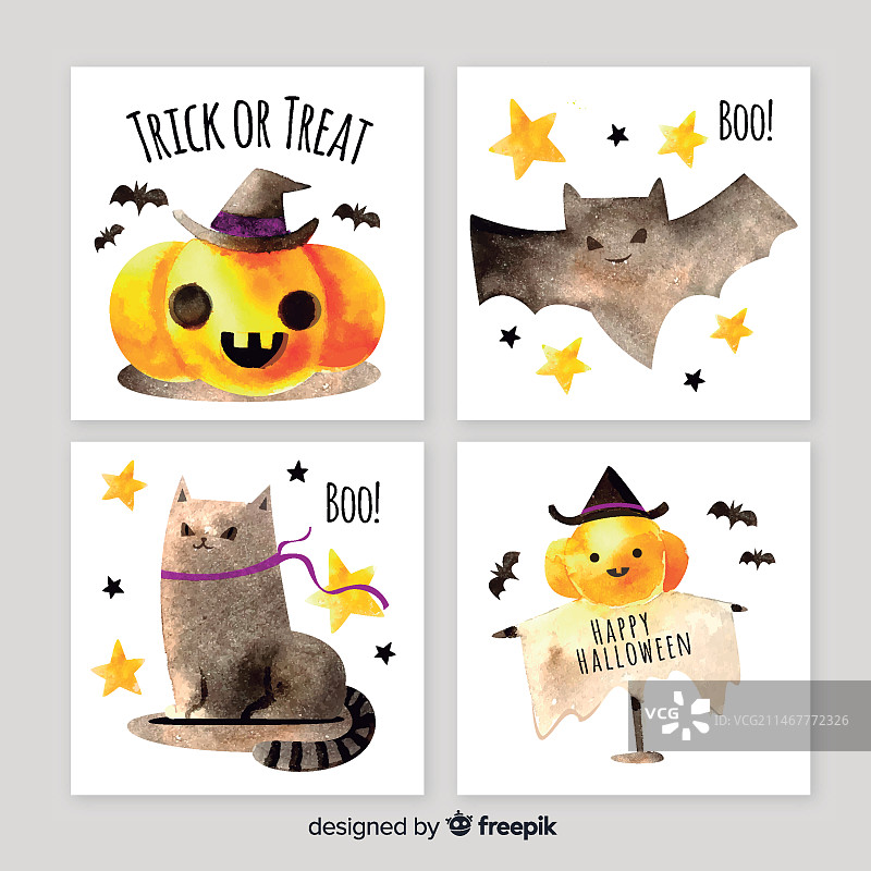 可爱水彩万圣节卡片合集图片素材