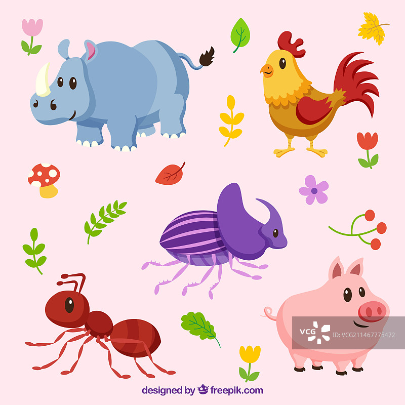 可爱的动物和昆虫套装图片素材
