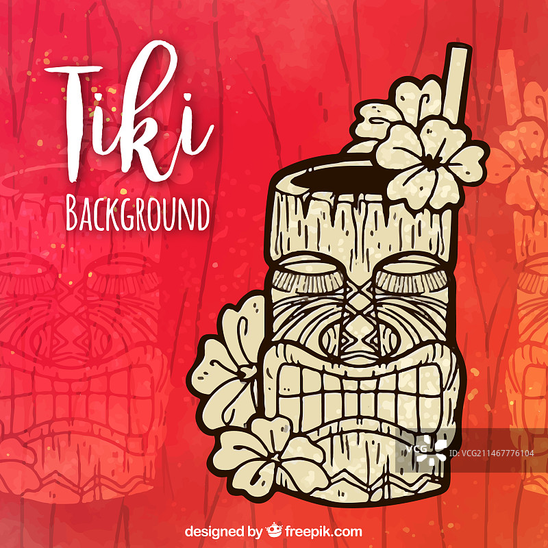 手绘提基背景与热带鸡尾酒图片素材