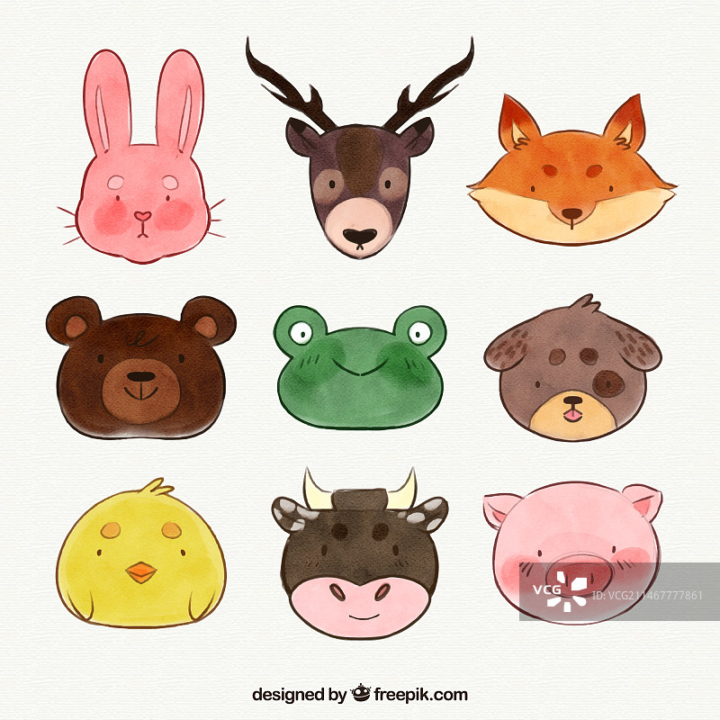 可爱动物面孔水彩合集图片素材