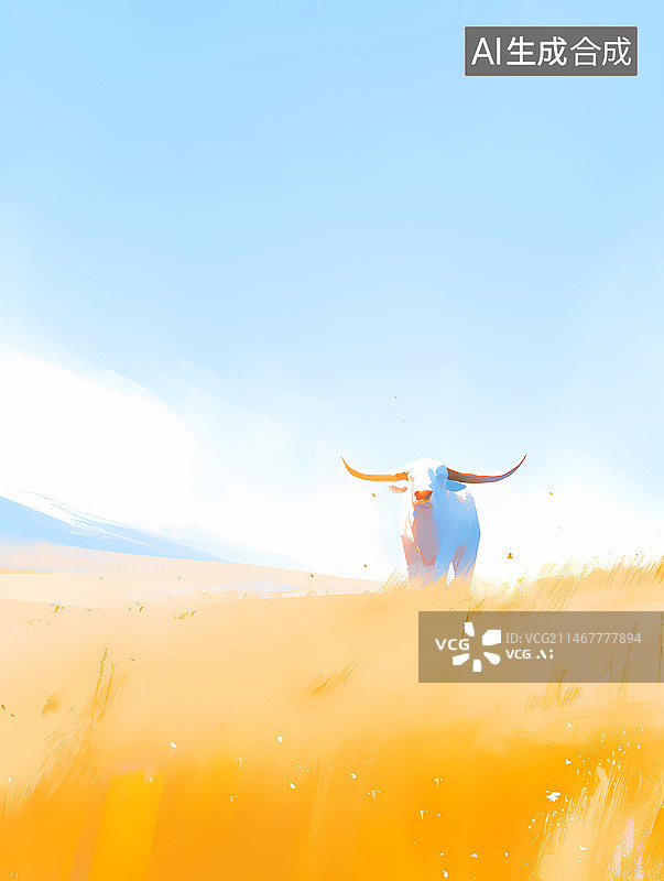 【AI数字艺术】原野上的白色神牛图片素材