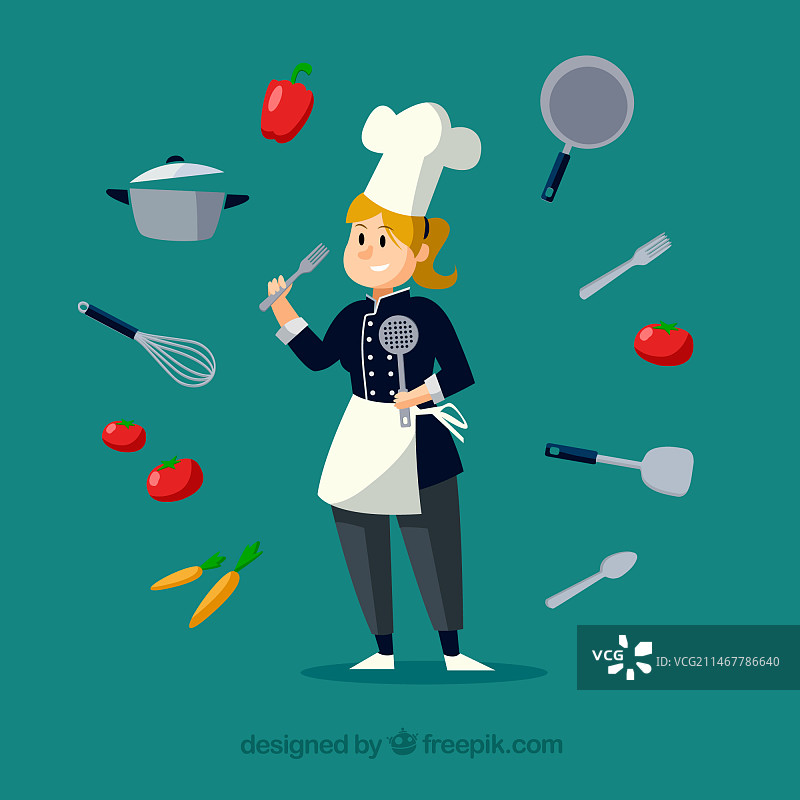 漂亮的厨师和周围的食材及烹饪用具图片素材