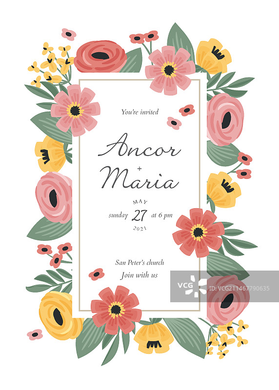 手绘花卉婚礼邀请函模板图片素材