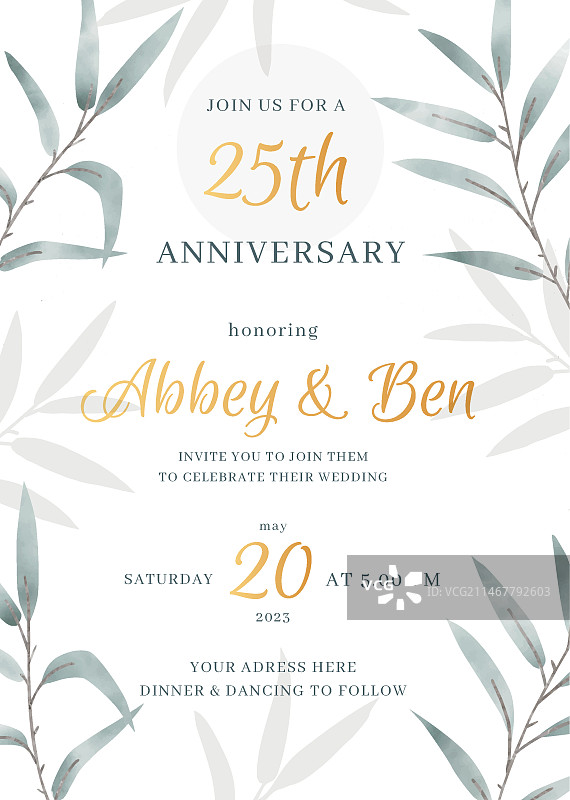 银色婚礼水彩请柬图片素材