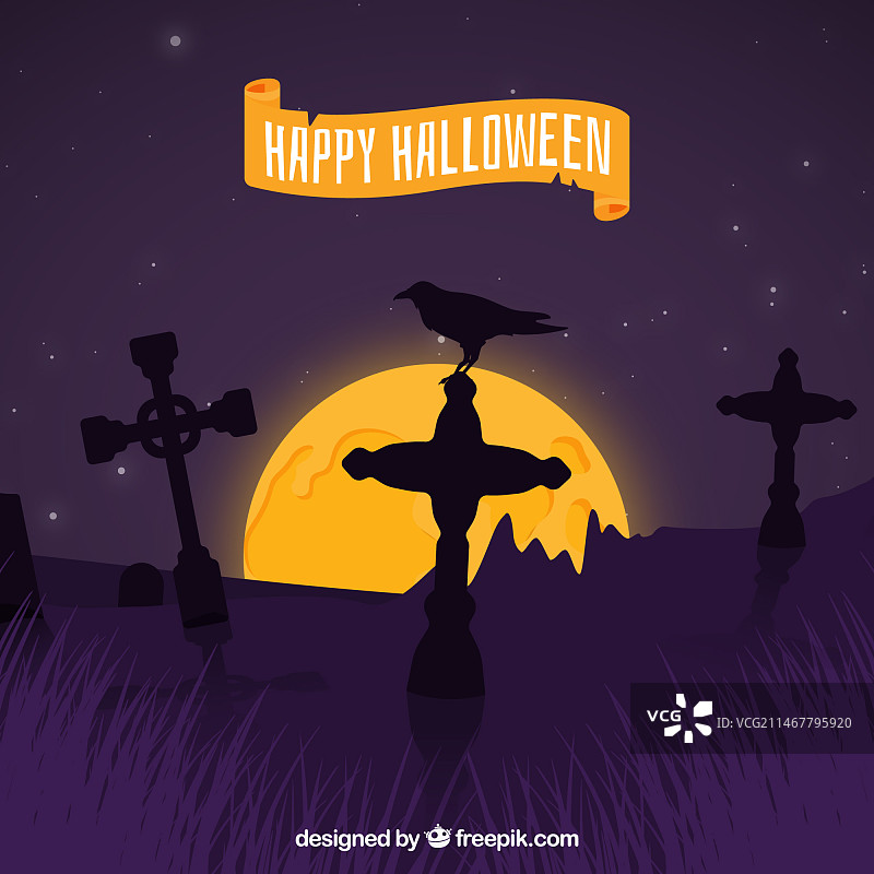 万圣节背景与乌鸦、墓碑图片素材