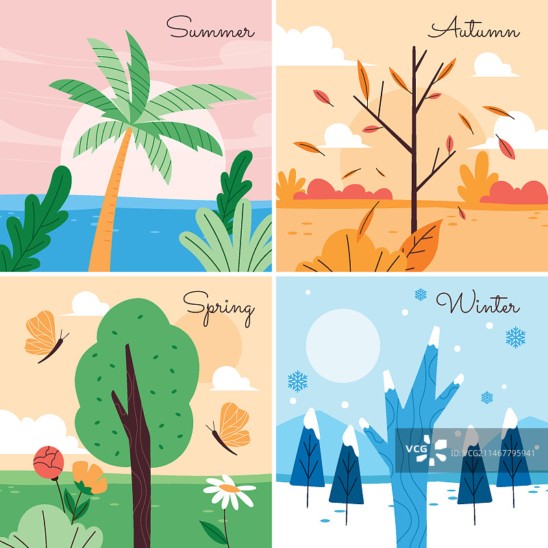 手绘四季插画图片素材