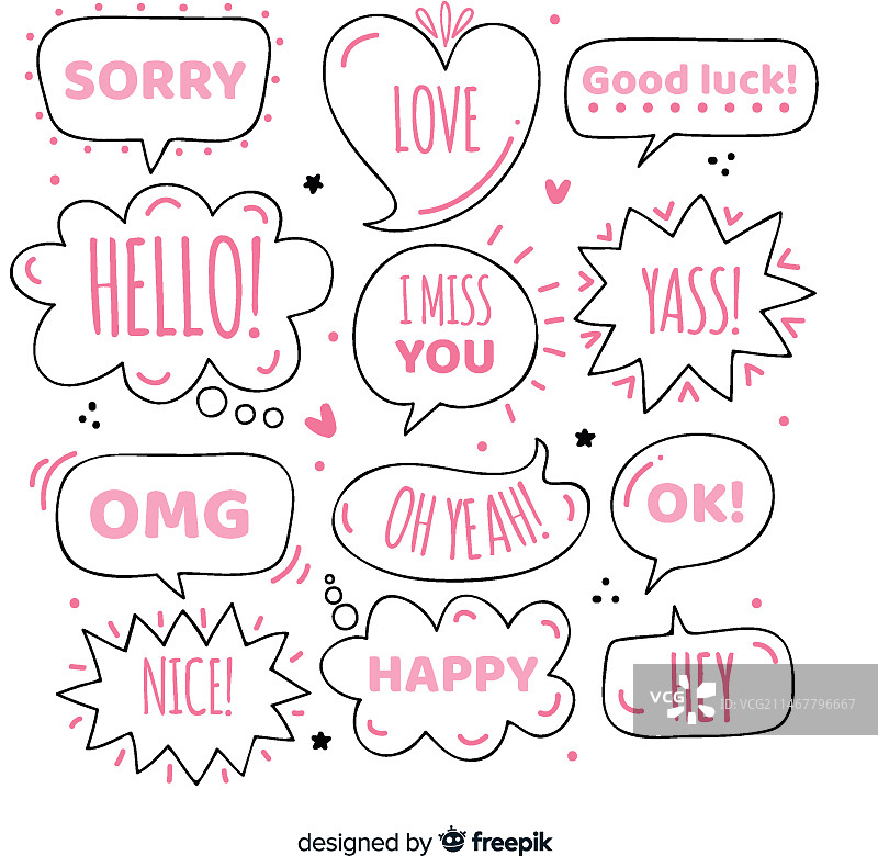 带有不同表情的少女手绘对话气泡图片素材