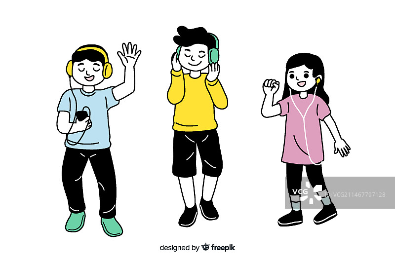 扁平风格韩式画风的年轻人听音乐图片素材