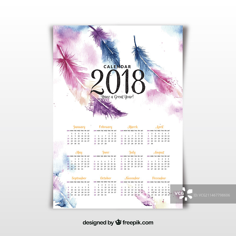 带有水彩羽毛的2018年日历图片素材