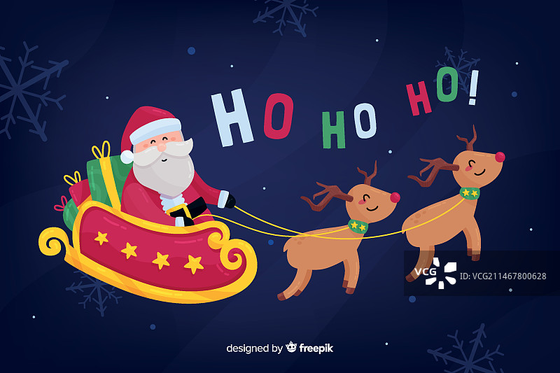 圣诞老人乘坐雪橇的扁平圣诞背景图片素材