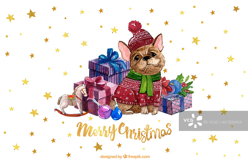 带有礼物的可爱水彩小狗背景图片素材