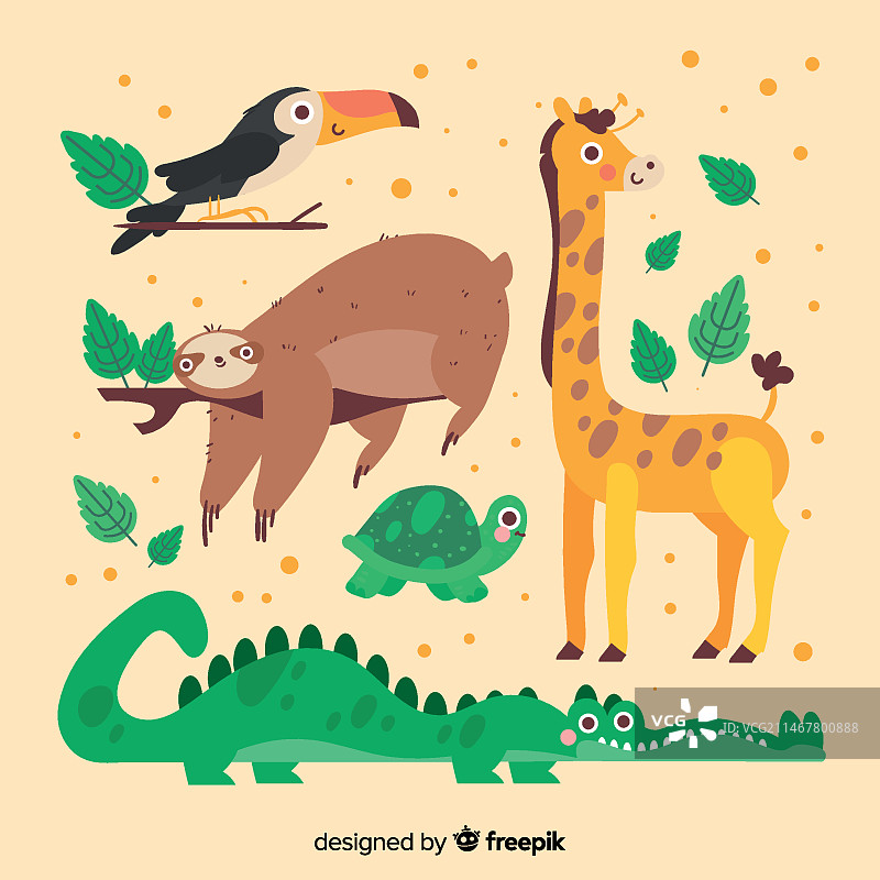 带有树叶收藏的可爱卡通动物图片素材