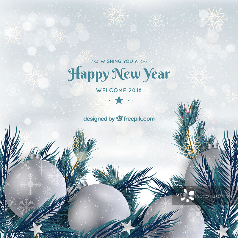 带有银色小饰品的新年快乐背景图片素材