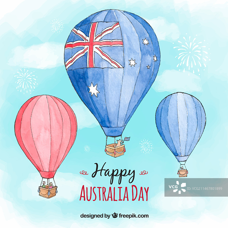 热气球澳大利亚日水彩背景图片素材