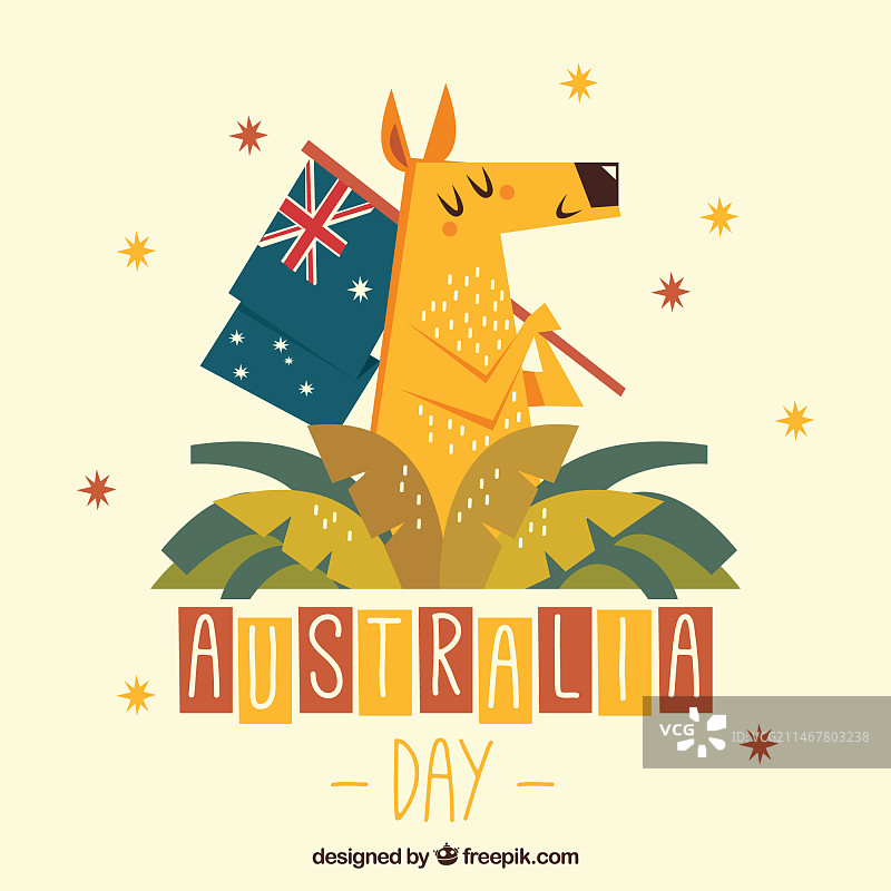 带袋鼠插图的澳大利亚国庆日扁平背景图片素材